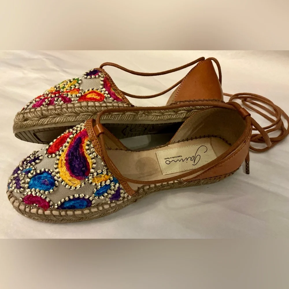 Gaimo Spain Boho Summer Embroidered Espadrille Ankle Tie Sandal Woman SZ 6.5-7